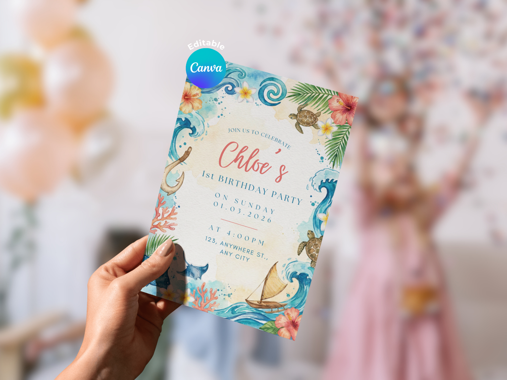 [FREE SAMPLE] Hawaiian Girl Invitation | Editable Canva Template - Instant Download