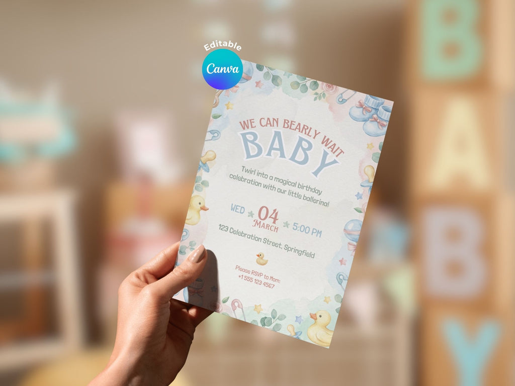 Duck Baby Shower Invitation – Watercolor Plane Theme – Editable Canva Template – Share or Printable 5x7 – Instant Download