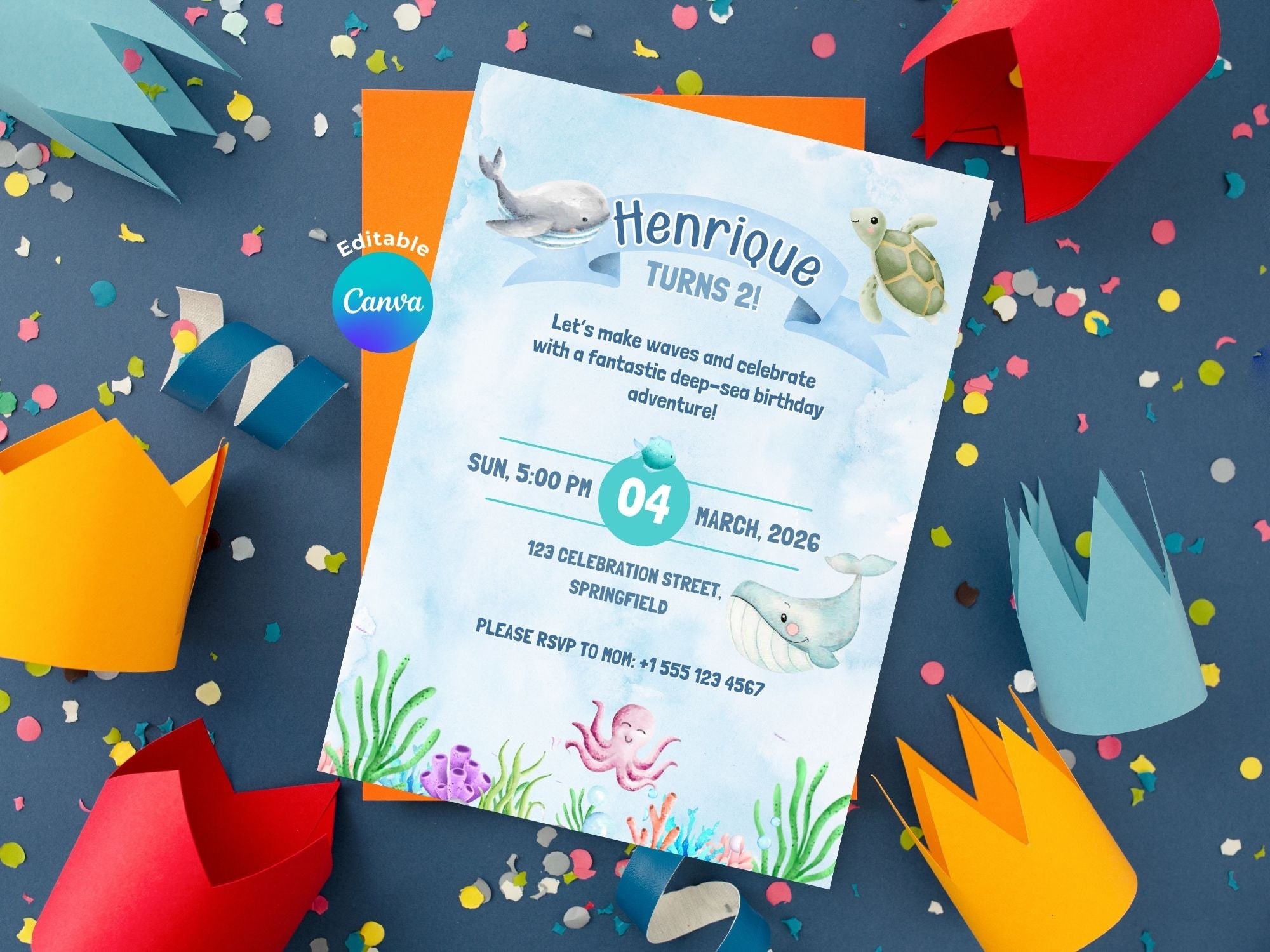 Ocean Coral Watercolor Invitation – Editable Canva Template – Share or Printable 5x7 – Instant Download