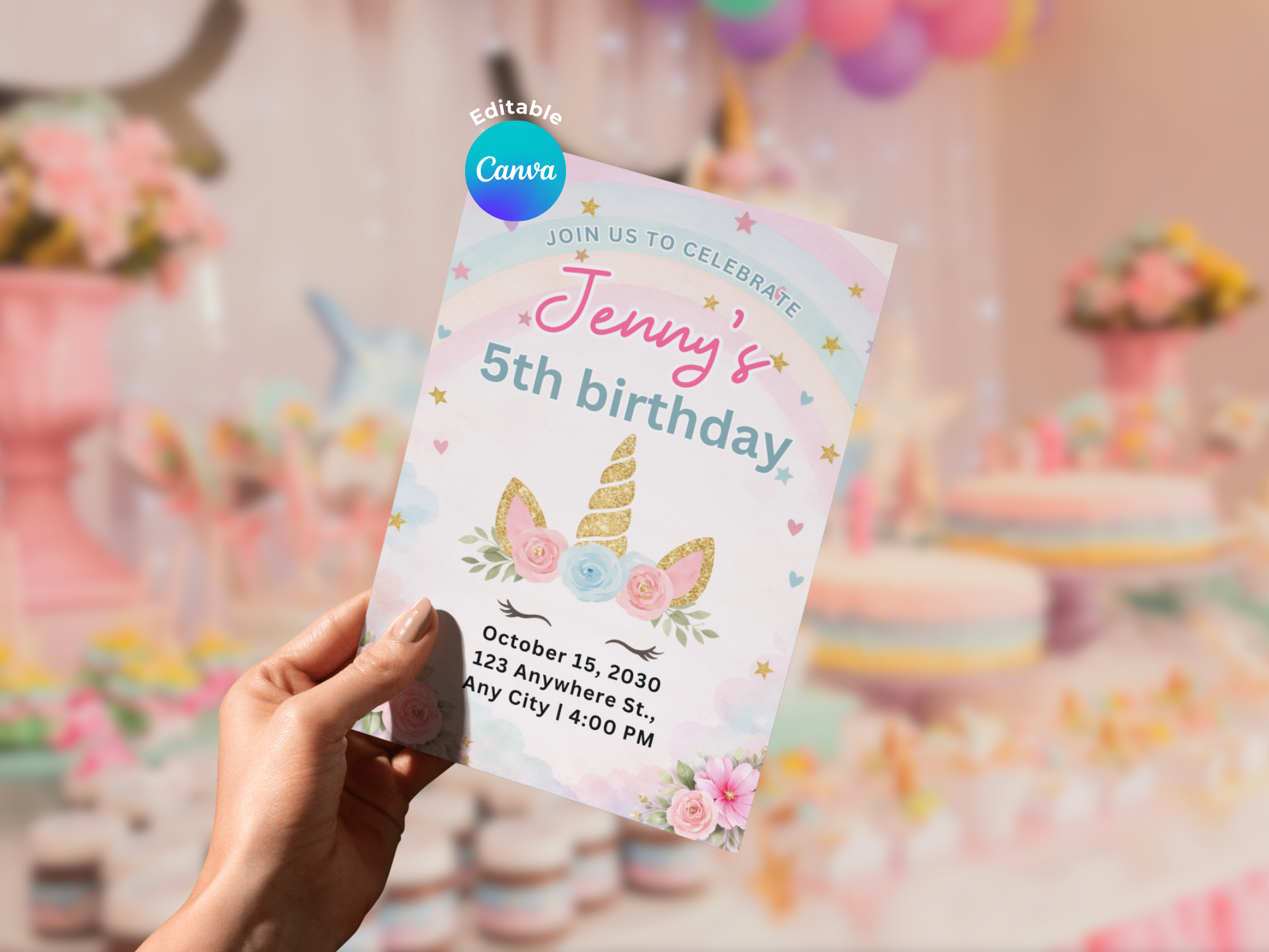 [FREE SAMPLE] Rainbow Unicorn Invitation | Editable Canva Template - Instant Download