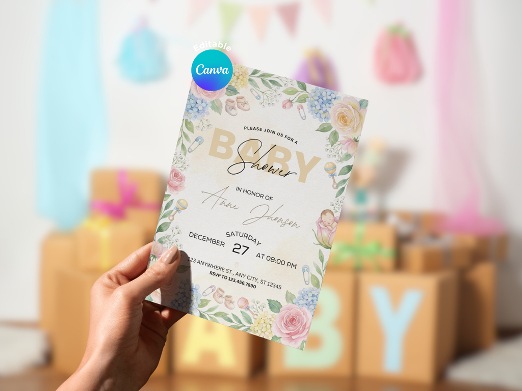 [FREE SAMPLE] Flower Baby Shower Invitation | Editable Canva Template - Instant Download