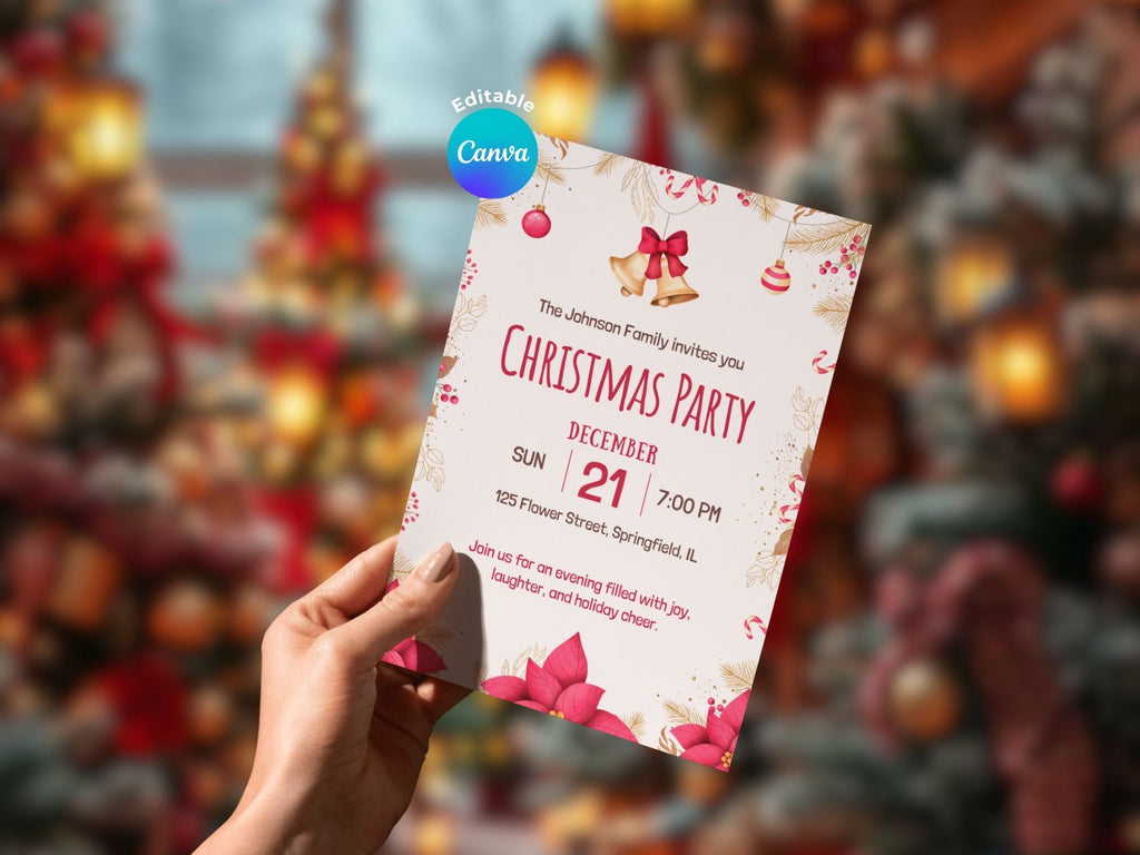 Christmas Party Flowers Invite – Editable Canva Template – Share or Printable 5x7 – Instant Download