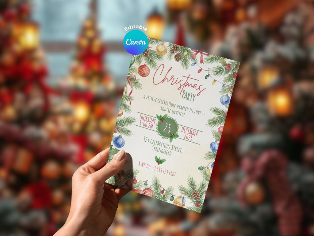 Christmas Ornaments Party Invitation – Editable Canva Template – Share or Printable 5x7 – Instant Download