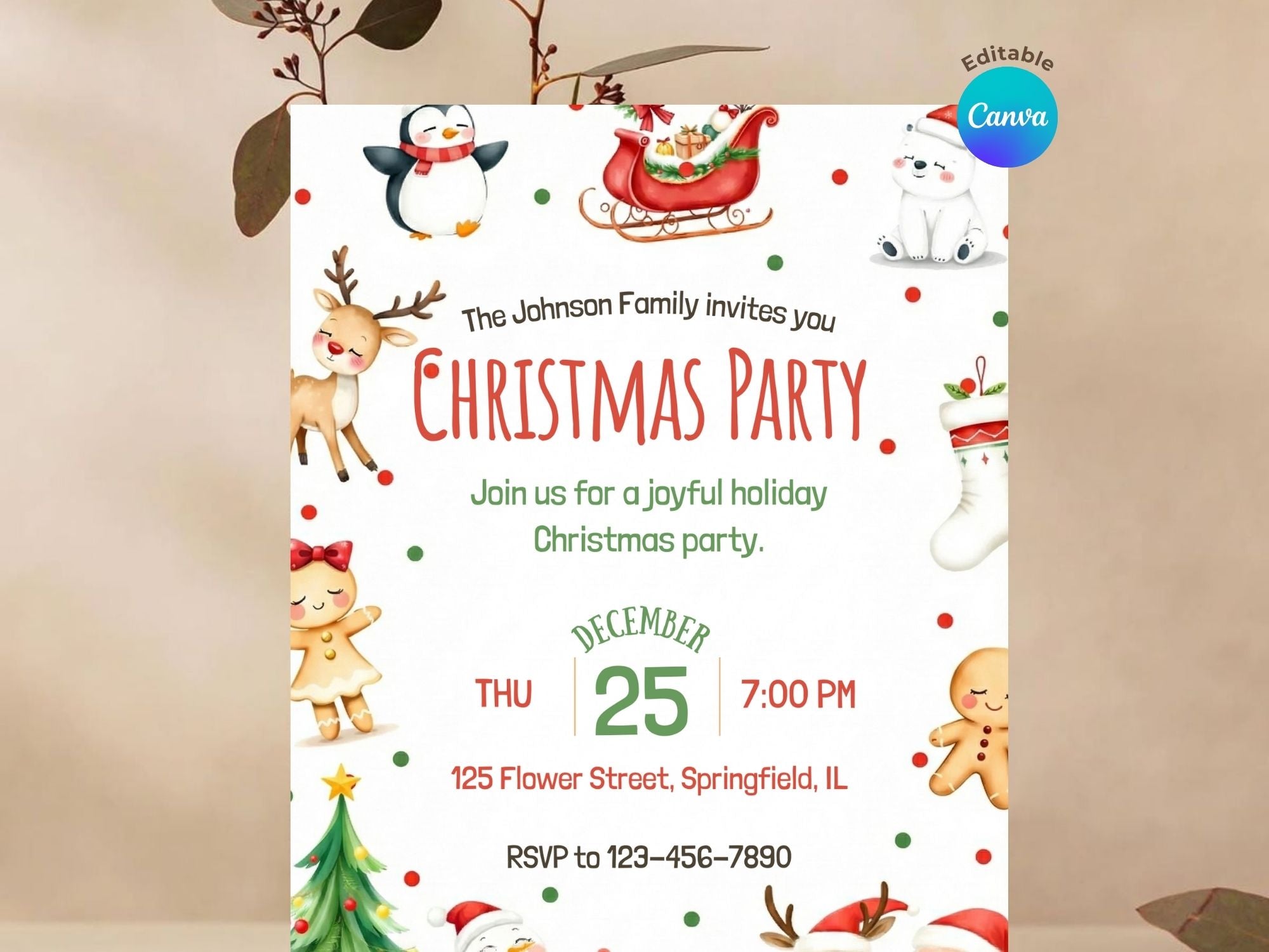 Holiday Christmas Party Invitation – Editable Canva Template – Share or Printable 5x7 – Instant Download
