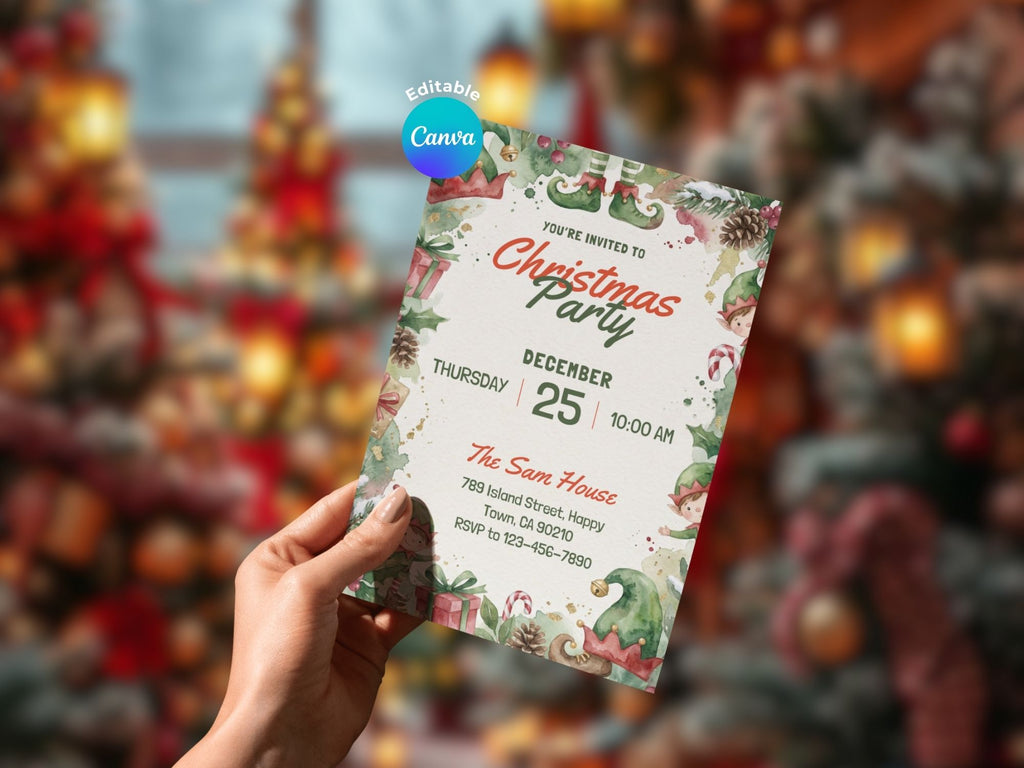 Christmas Elf Party – Editable Canva Template – Share or Printable 5x7 – Instant Download