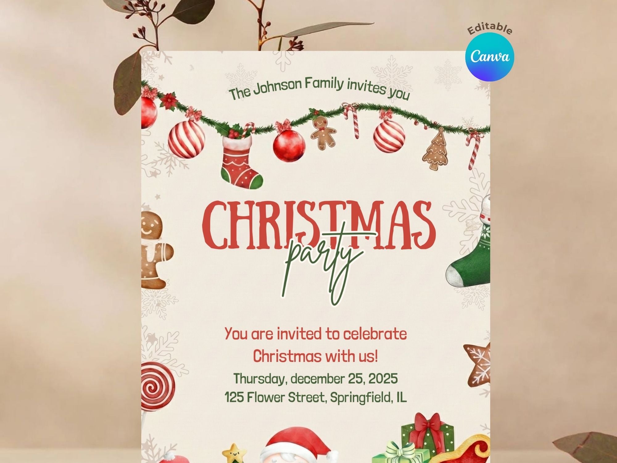 Santa Claus Birthday Invitation – Editable Canva Template – Share or Printable 5x7 – Instant Download