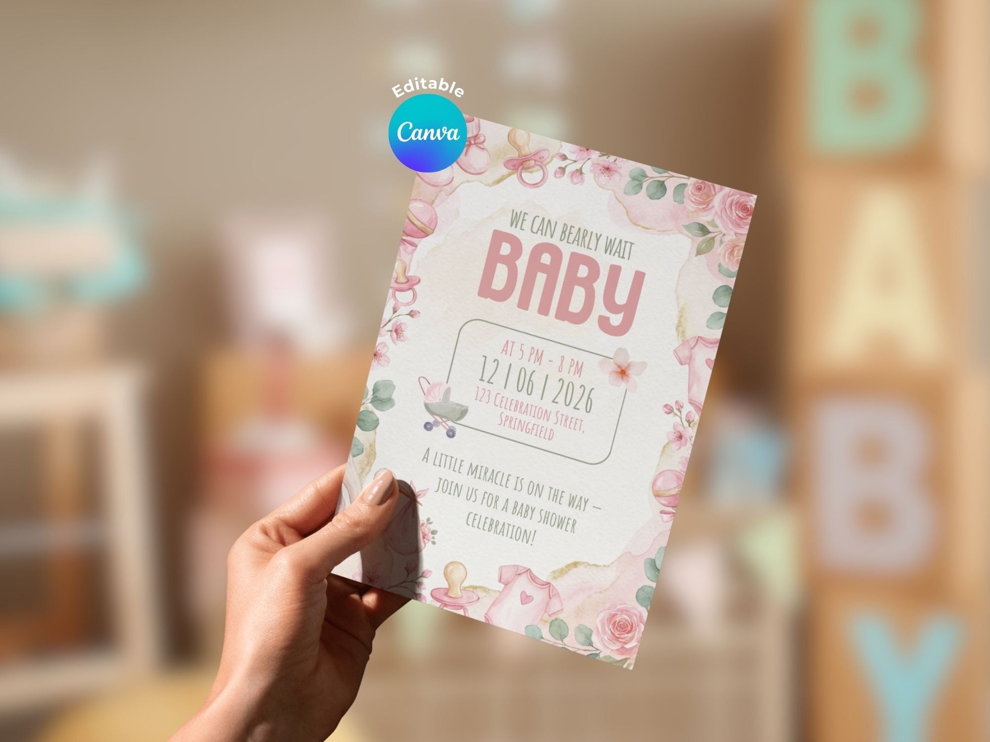 Watercolor Stork Baby Shower Invitation – Watercolor Plane Theme – Editable Canva Template – Share or Printable 5x7 – Instant Download