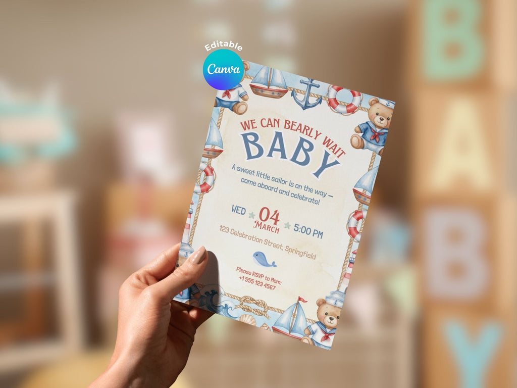 Blue Sailor Baby Shower Invitation – Watercolor Plane Theme – Editable Canva Template – Share or Printable 5x7 – Instant Download