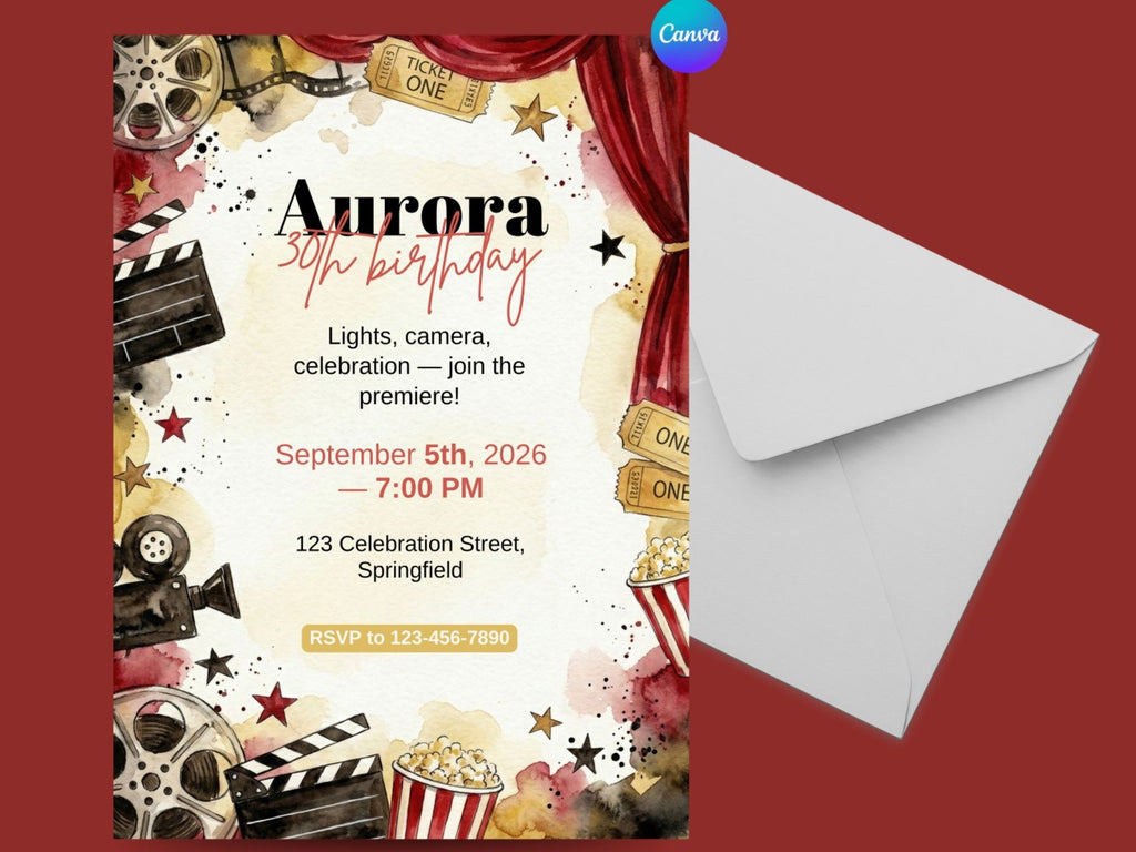 Movie Night Invitation – Editable Canva Template – Share or Printable 5x7 – Instant Download