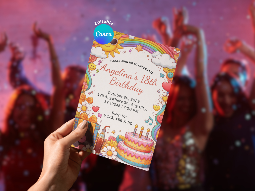 [FREE SAMPLE] Happy Vibes Rainbow Invitation | Editable Canva Template - Instant Download