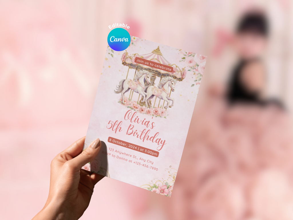 [FREE SAMPLE] BuyCute Horse Carousel Invitation | Editable Canva Template - Instant Download