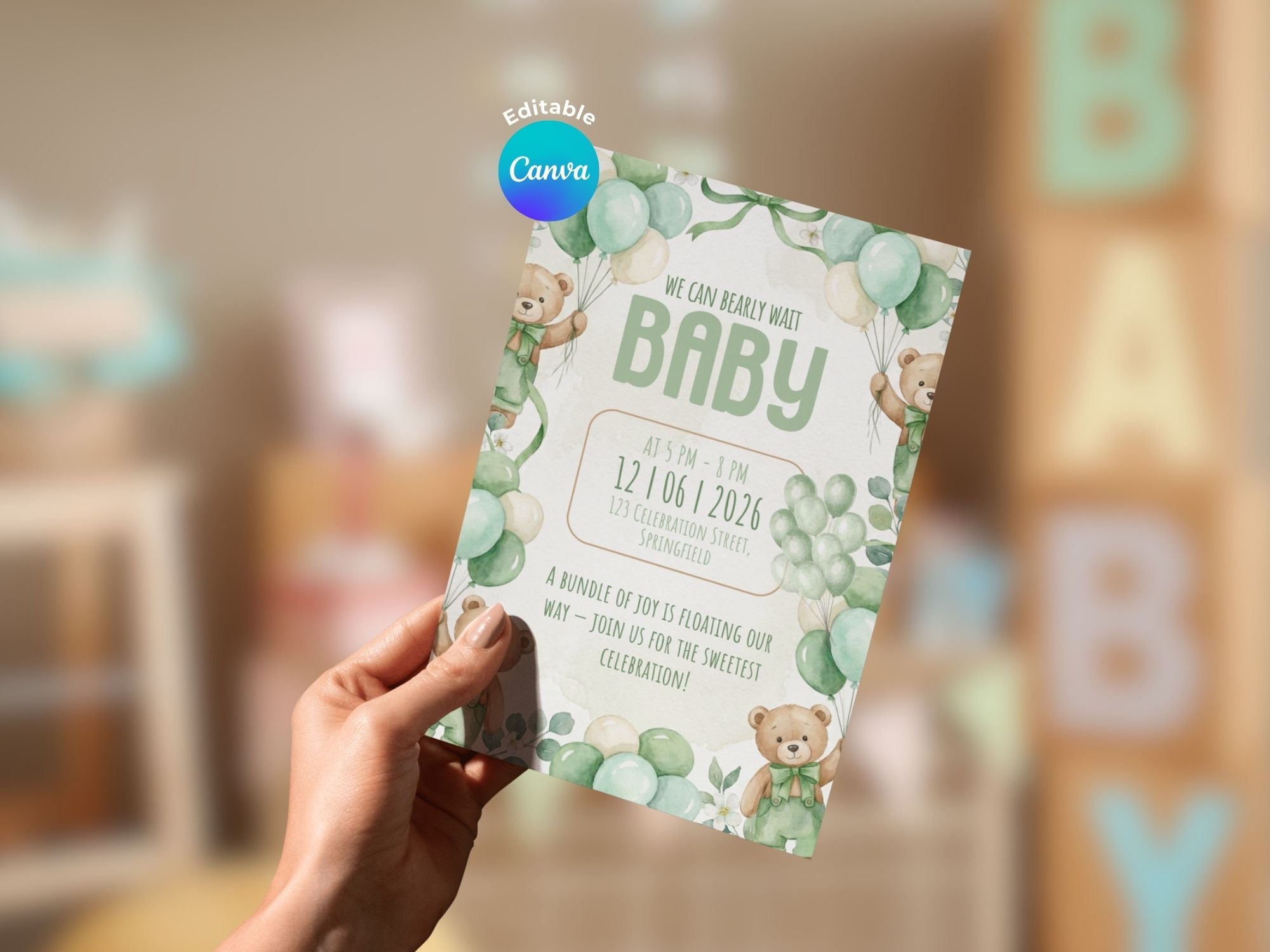 Green Balloon Bear Baby Shower Invitation – Watercolor Plane Theme – Editable Canva Template – Share or Printable 5x7 – Instant Download