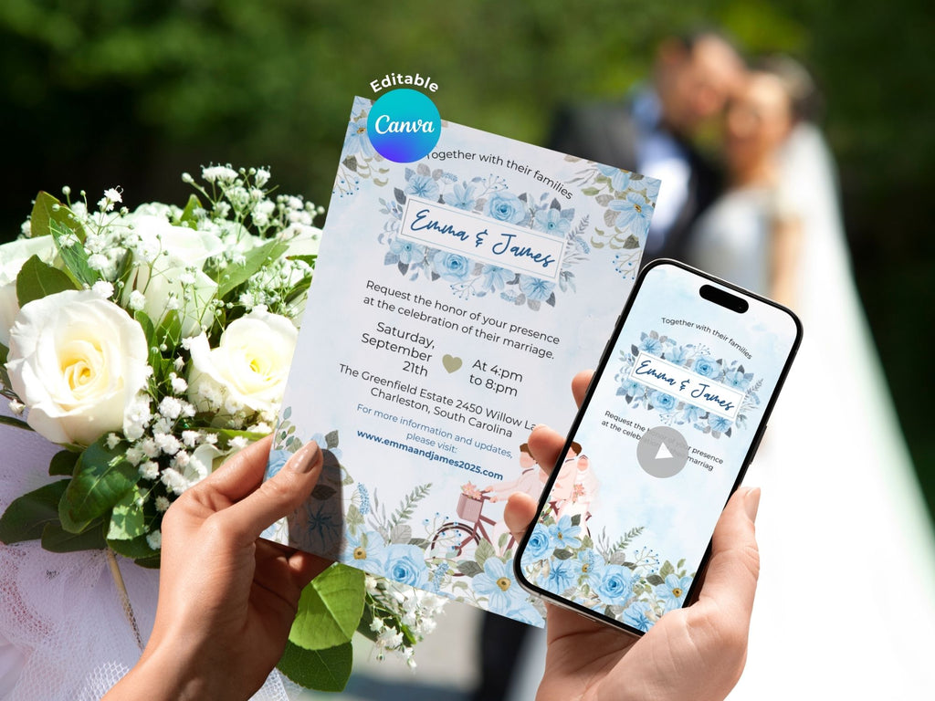 Romantic Blue Wedding  Invitation – Editable Canva Template – Share video mp4 or Printable 5x7 – Instant Download