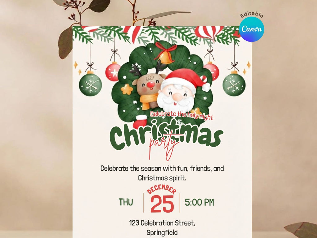 Christmas Cheer Party Invitation – Editable Canva Template – Share or Printable 5x7 – Instant Download