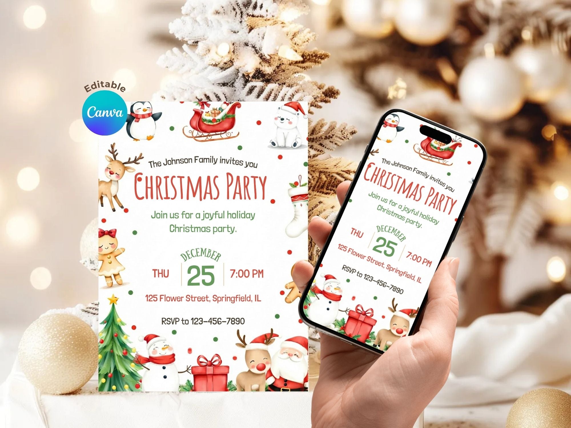 Holiday Christmas Party Invitation – Editable Canva Template – Share or Printable 5x7 – Instant Download