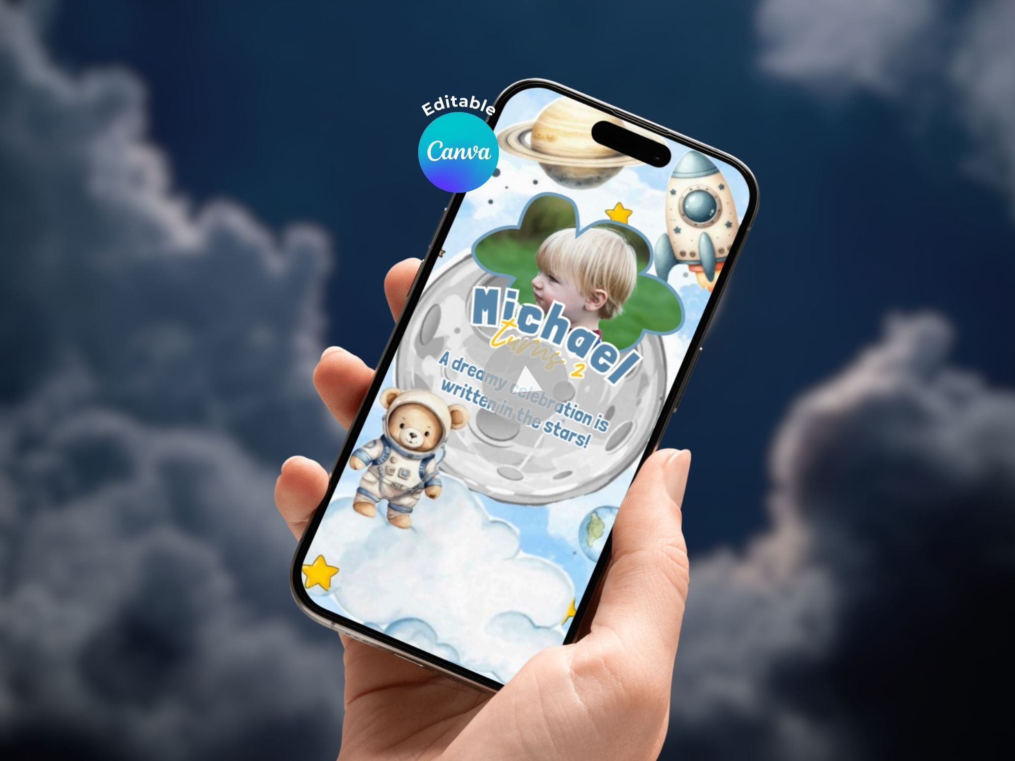 Teddy Bear On The Moon Birthday Invitation – Editable Canva Template – Share video mp4 – Instant Download