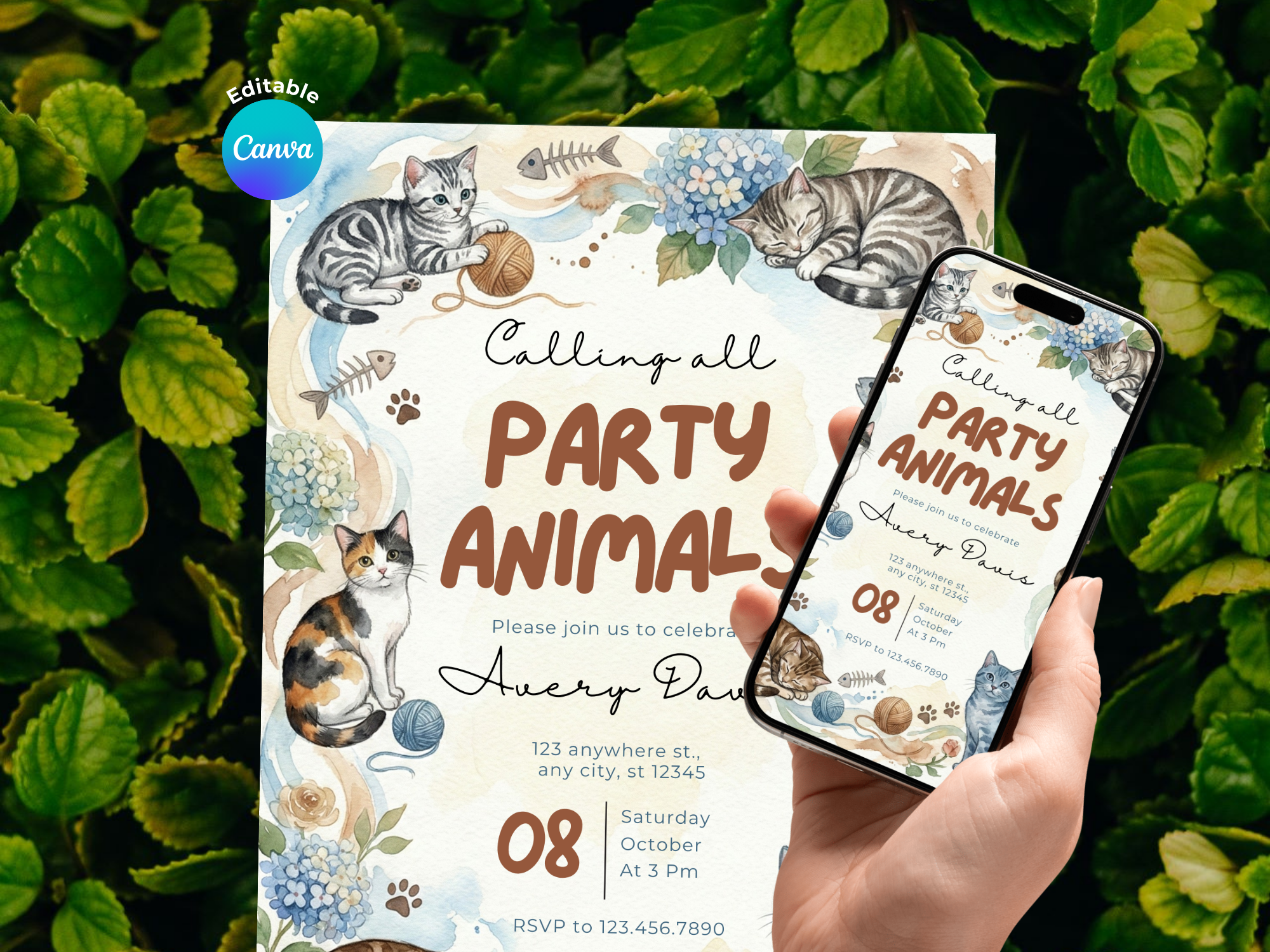 [FREE SAMPLE] Cats Party Invitation | Editable Canva Template - Instant Download