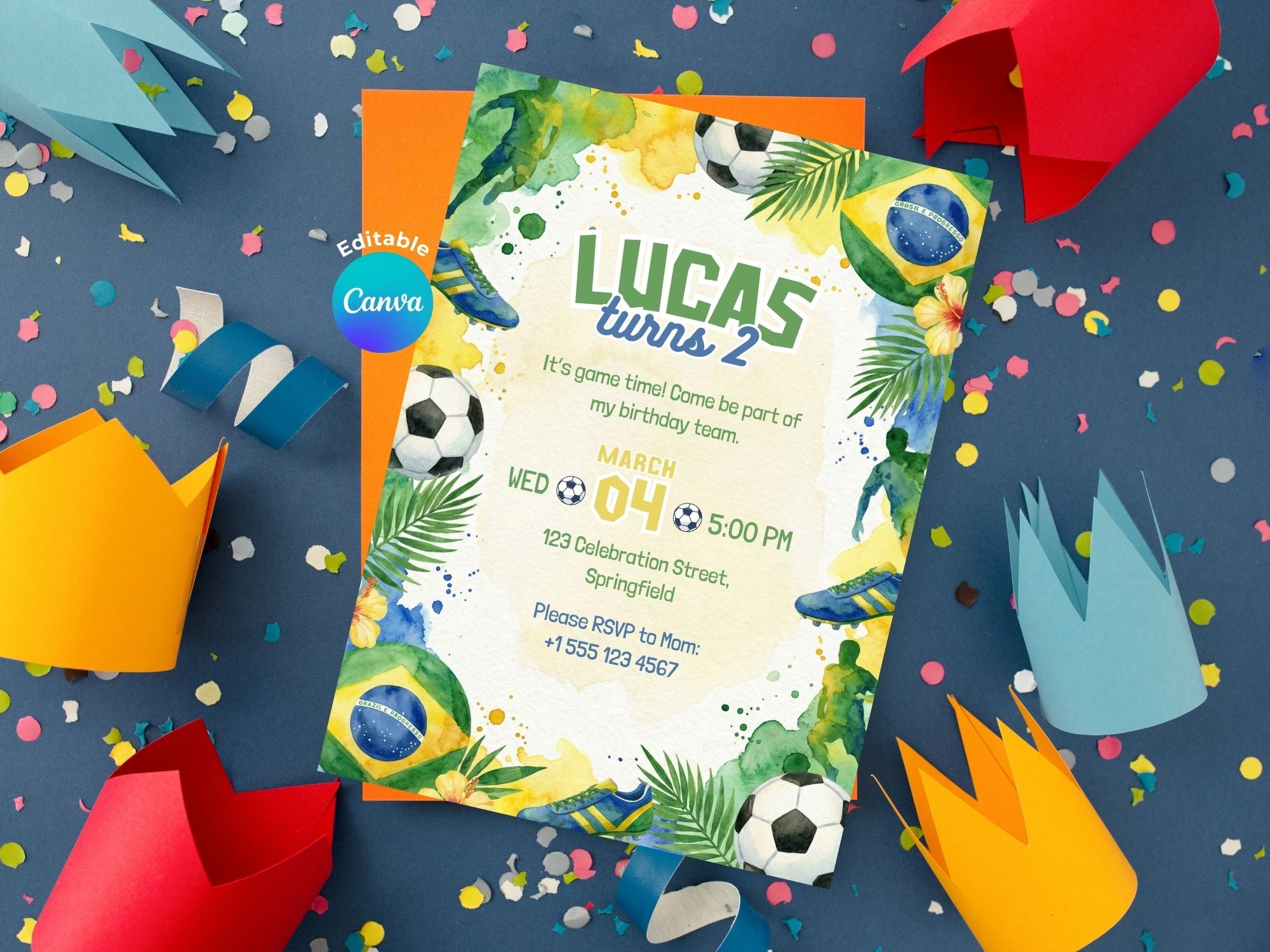 Soccer Boy Birthday Invitation – Editable Canva Template – Share or Printable 5x7 – Instant Download