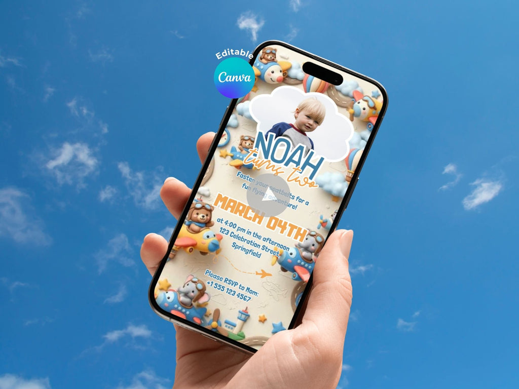 3D Aviator Animals Birthday Invitation – Editable Canva Template – Share video mp4 – Instant Download