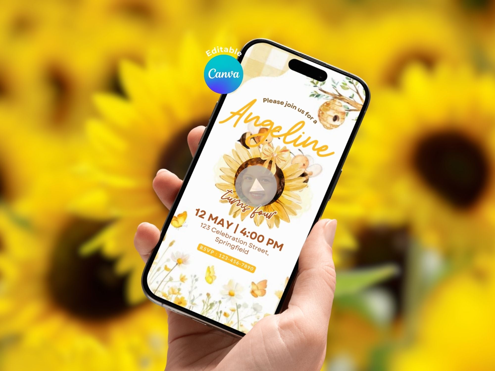 Little Bees Birthday Invitation – Editable Canva Template – Share video mp4 – Instant Download