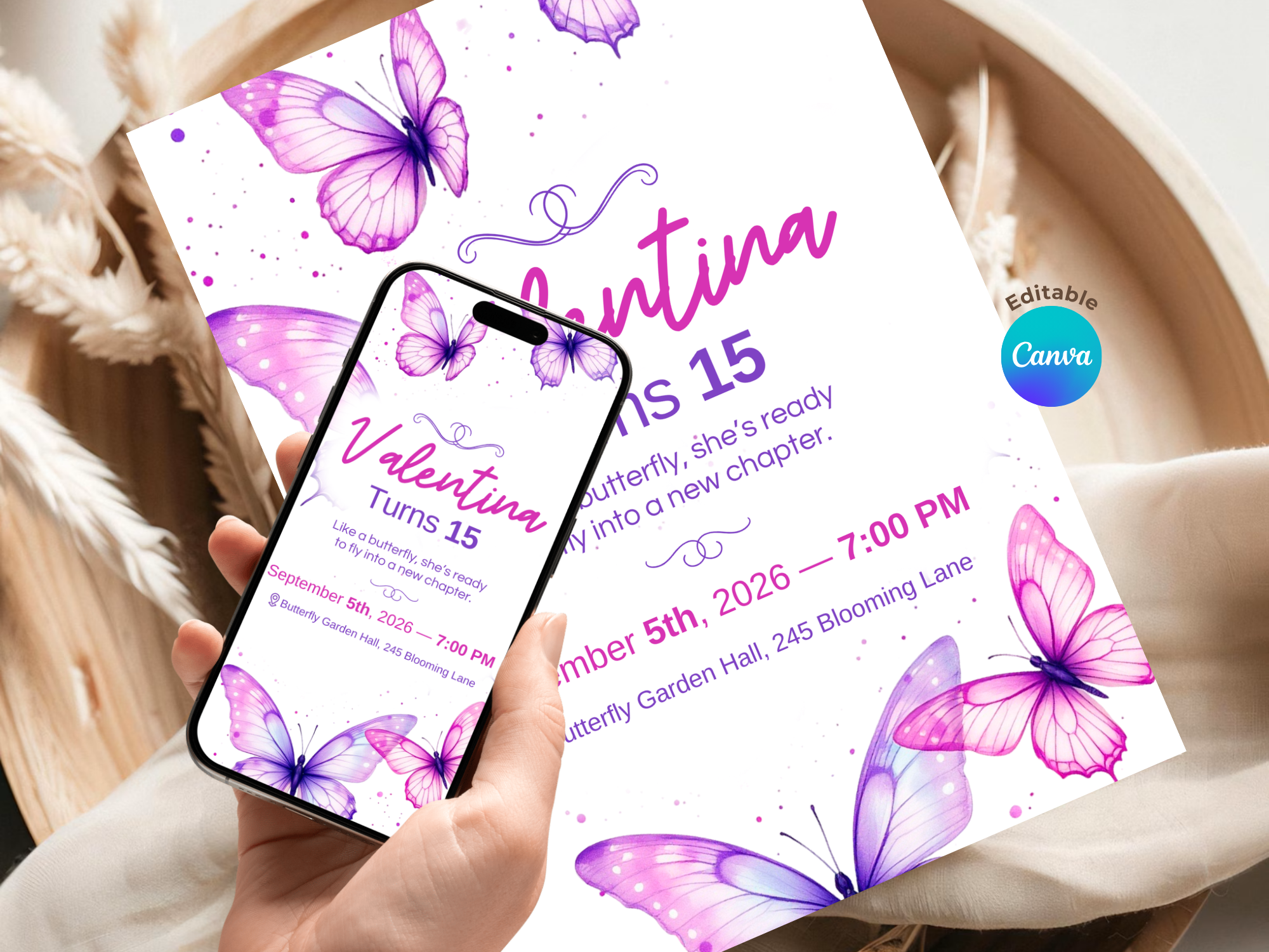 Butterfly Dreams Invitations – Watercolor Plane Theme – Editable Canva Template – Share or Printable 5x7 – Instant Download
