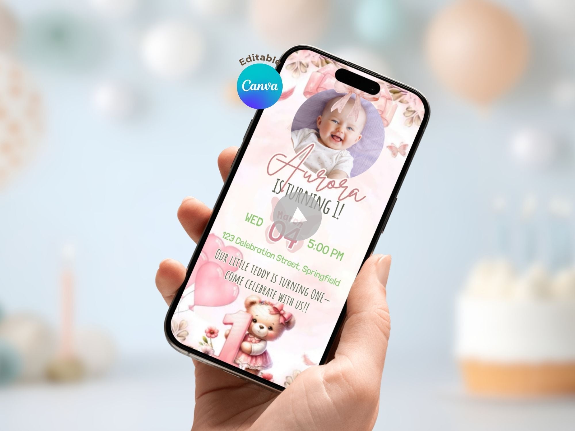 Pink Teddy Bear First Birthday Invitation – Editable Canva Template – Share video mp4 – Instant Download