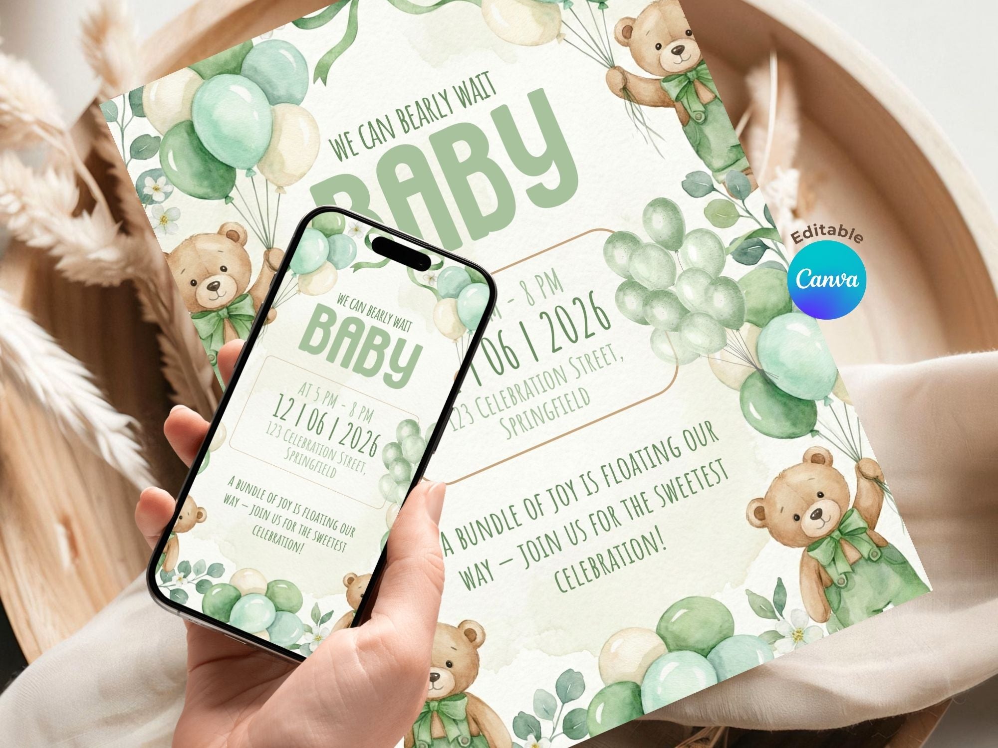 Green Balloon Bear Baby Shower Invitation – Watercolor Plane Theme – Editable Canva Template – Share or Printable 5x7 – Instant Download