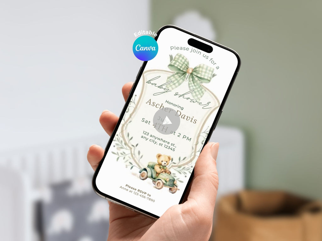 [FREE SAMPLE] Green Baby Car Bear Baby Shower Invitation – Editable Canva Template – Share video mp4 – Instant Download