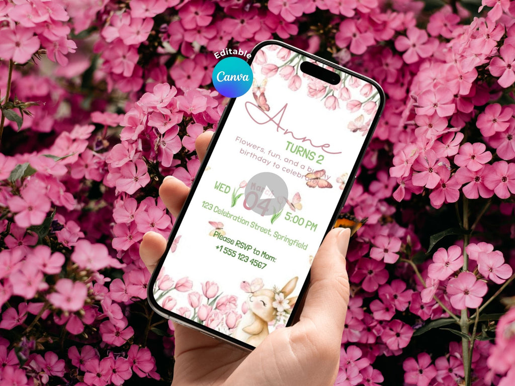 [FREE SAMPLE] Floral Bunny Birthday Invitation – Editable Canva Template – Share video mp4 – Instant Download