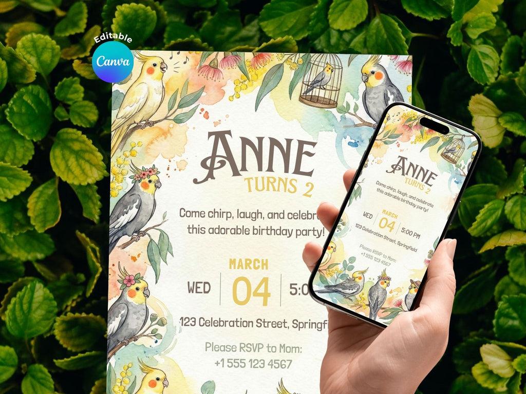 Cockatiel Watercolor Birthday Invitation – Editable Canva Template – Share or Printable 5x7 – Instant Download