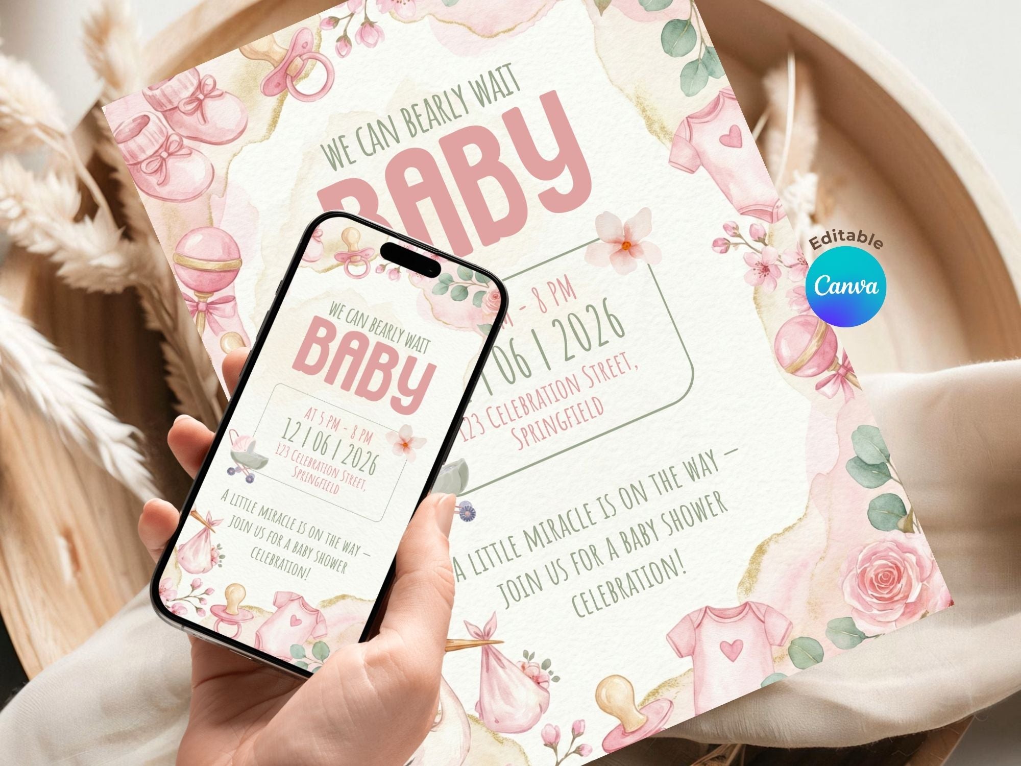 Watercolor Stork Baby Shower Invitation – Watercolor Plane Theme – Editable Canva Template – Share or Printable 5x7 – Instant Download