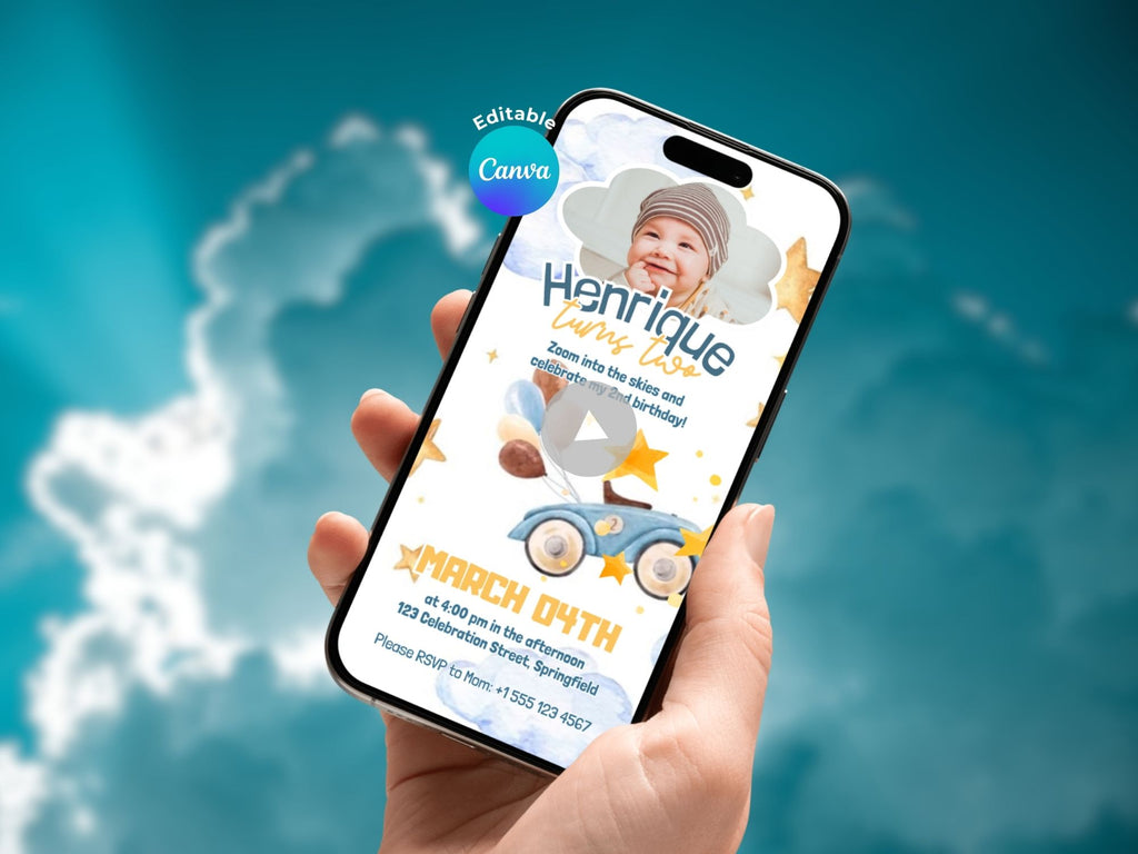Flying Car Second Birthday Invitation – Editable Canva Template – Share video mp4 – Instant Download