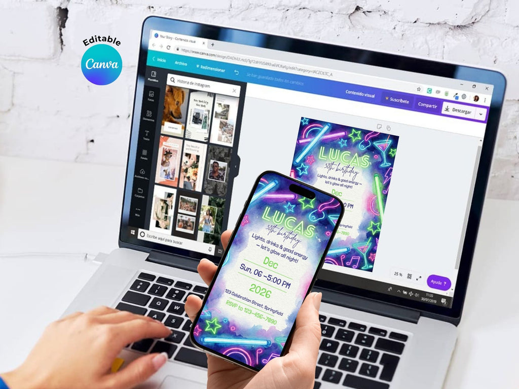 Neon Drink Party Invitation – Editable Canva Template – Share or Printable 5x7 – Instant Download