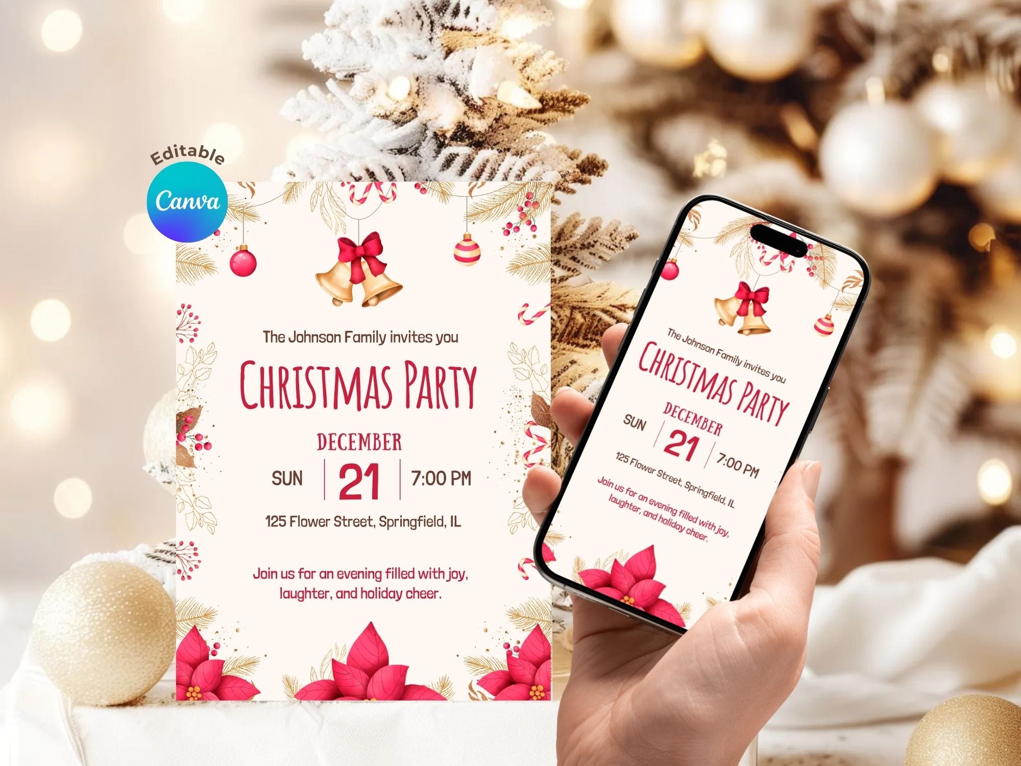 Christmas Party Flowers Invite – Editable Canva Template – Share or Printable 5x7 – Instant Download