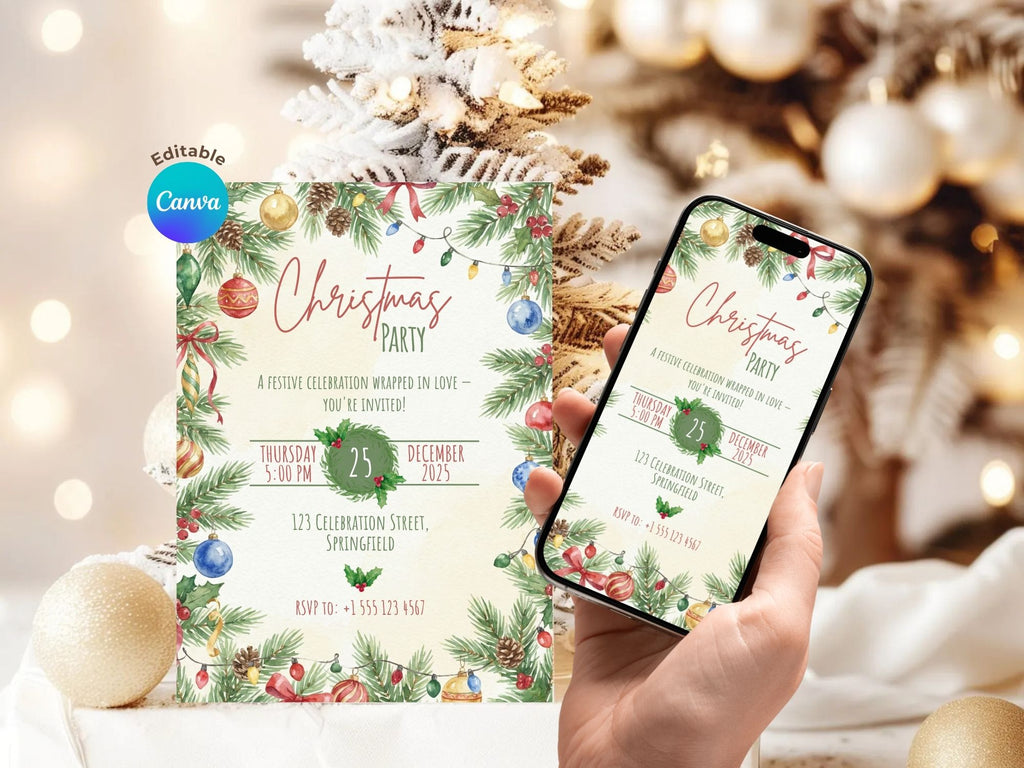 Christmas Ornaments Party Invitation – Editable Canva Template – Share or Printable 5x7 – Instant Download
