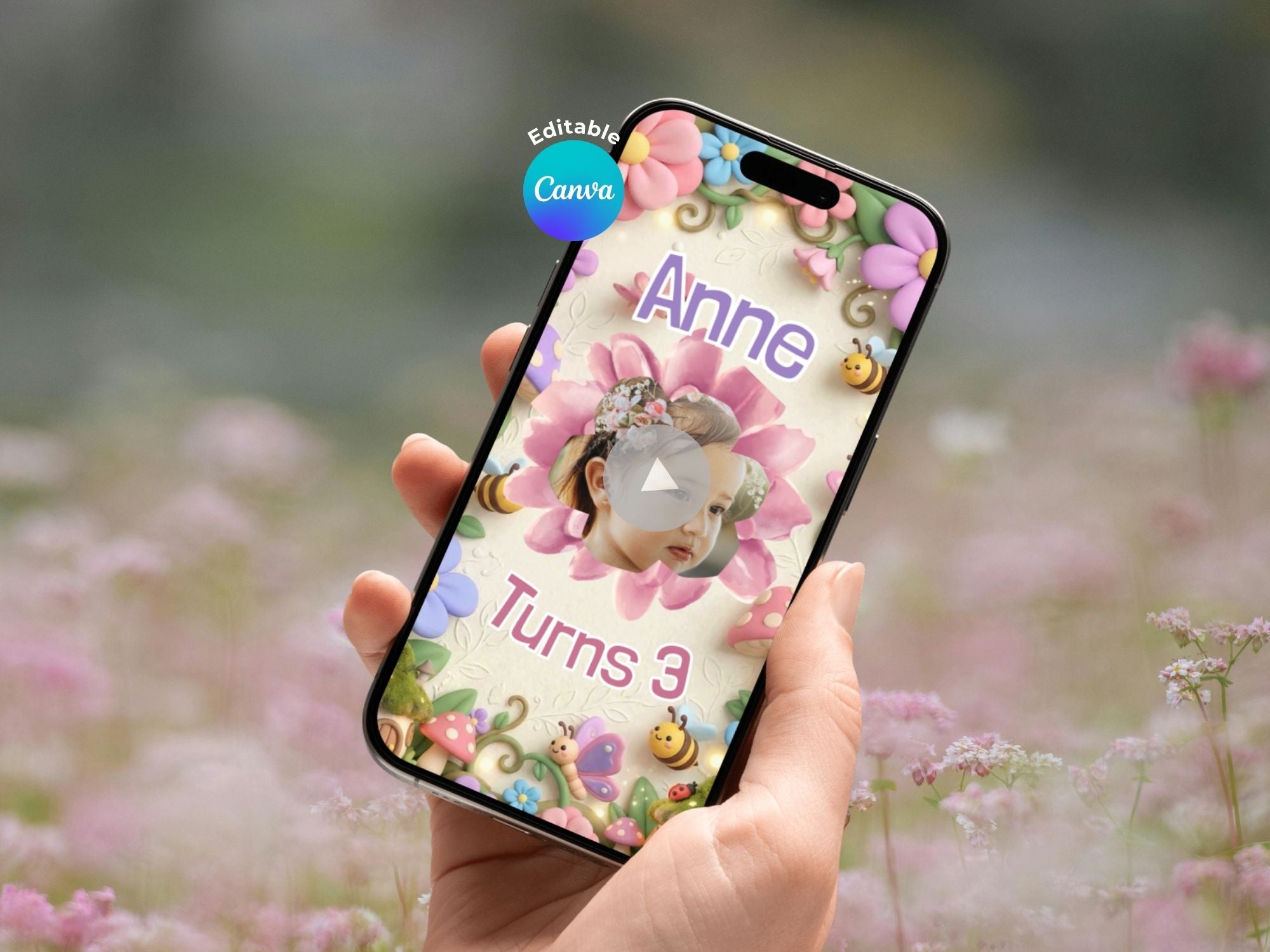 3D Garden Flowers Birthday Video Invitation – Editable Canva Template – Share video mp4 – Instant Download