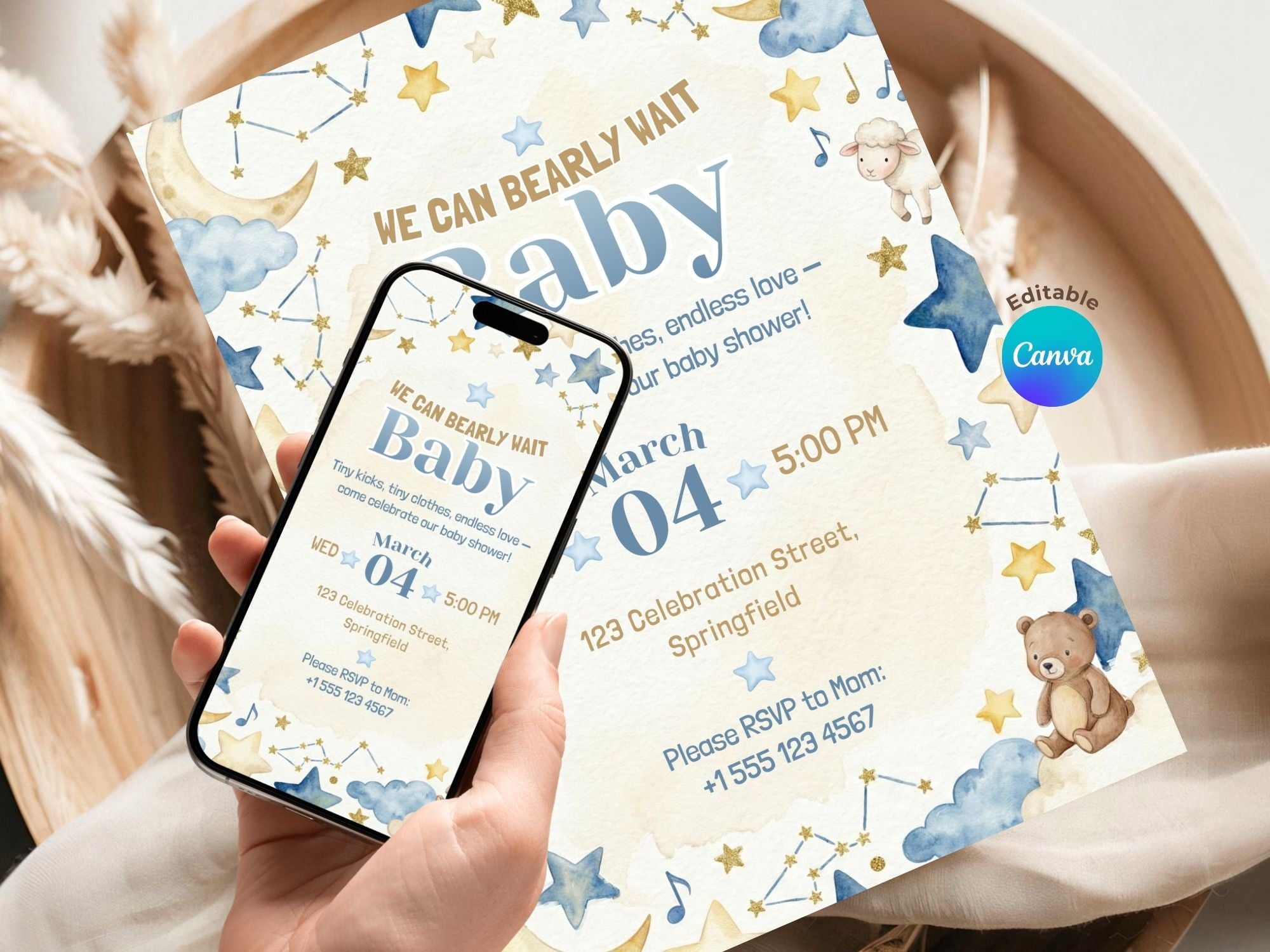 Blue Sky Baby Shower Invitation – Watercolor Plane Theme – Editable Canva Template – Share or Printable 5x7 – Instant Download