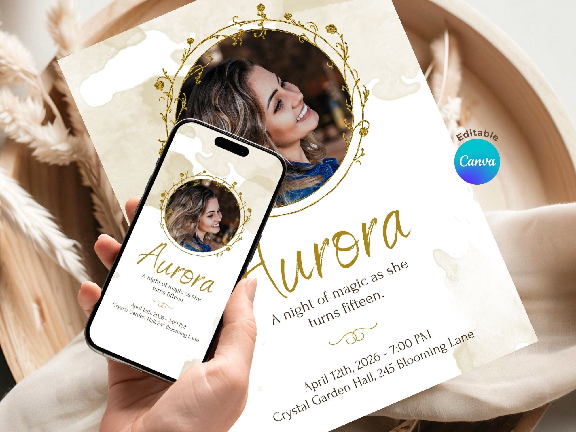 Elegant Sweet 15 Invitations – Watercolor Plane Theme – Editable Canva Template – Share or Printable 5x7 – Instant Download