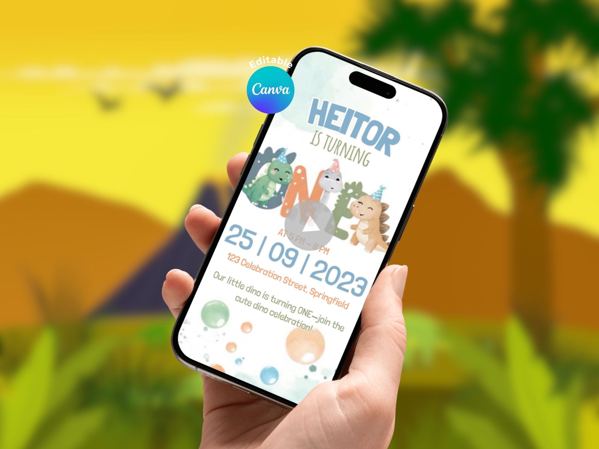 Baby Dino First Birthday Invitation – Editable Canva Template – Share video mp4 – Instant Download