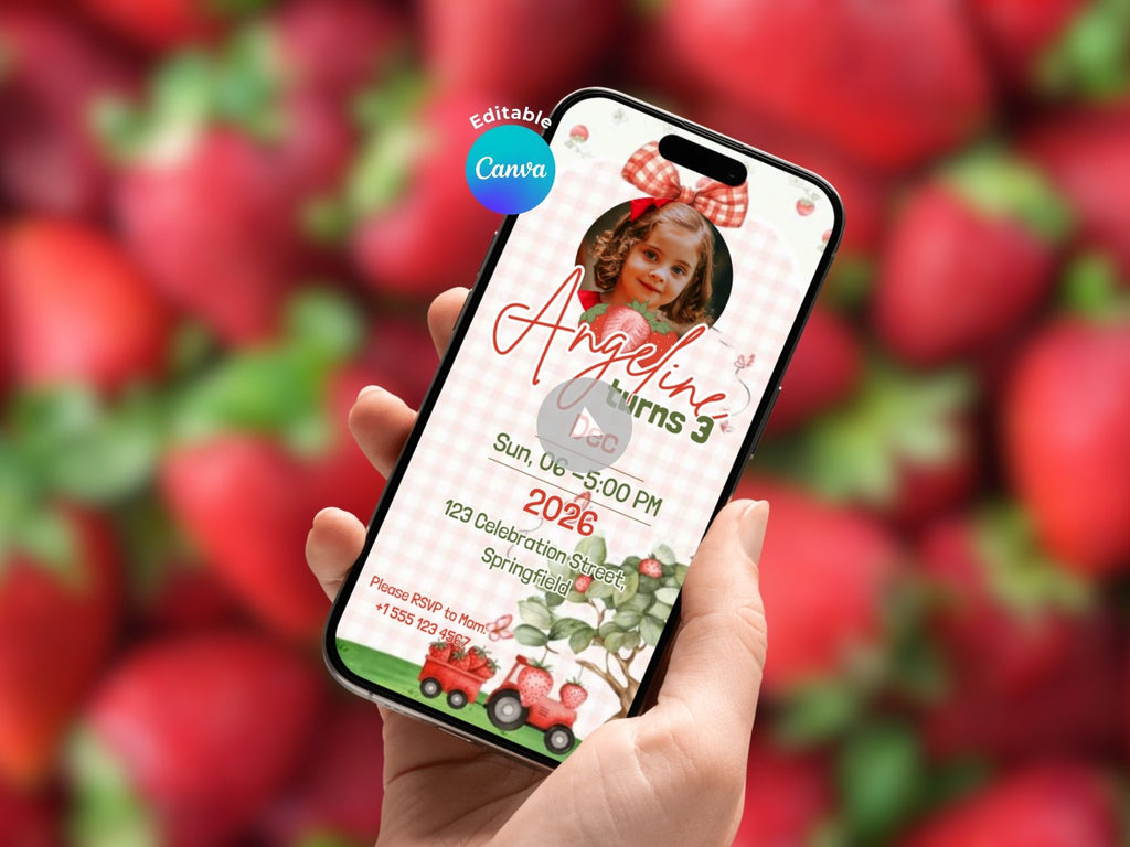 Strawberry Birthday Invitation – Editable Canva Template – Share video mp4 – Instant Download