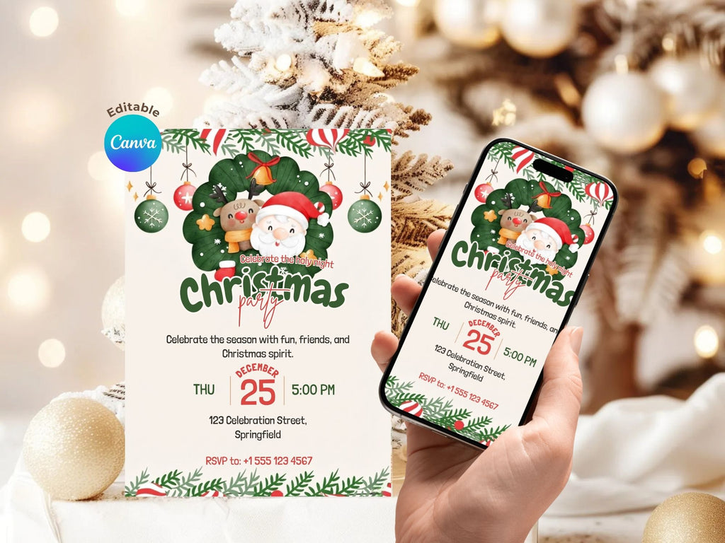 Christmas Cheer Party Invitation – Editable Canva Template – Share or Printable 5x7 – Instant Download