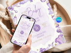 Purple Starry Baby Shower Invitation – Watercolor Plane Theme – Editable Canva Template – Share or Printable 5x7 – Instant Download
