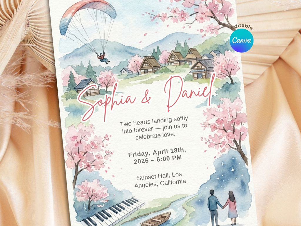 Landing in Love Wedding Invitation – Editable Canva Template – Share or Printable 5x7 – Instant Download
