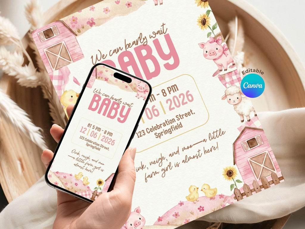 Pink Farm Baby Shower Invitation – Watercolor Plane Theme – Editable Canva Template – Share or Printable 5x7 – Instant Download