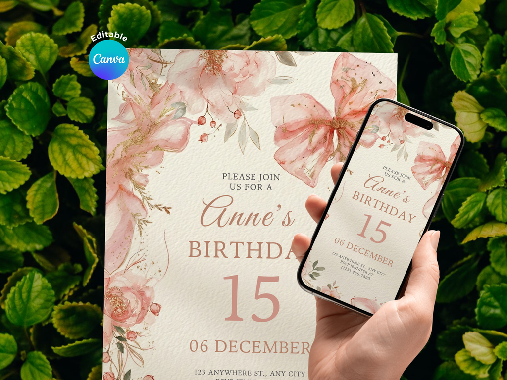 [FREE SAMPLE] 15th Birthday Invitation Floral Ribbon | Editable Canva Template - Instant Download
