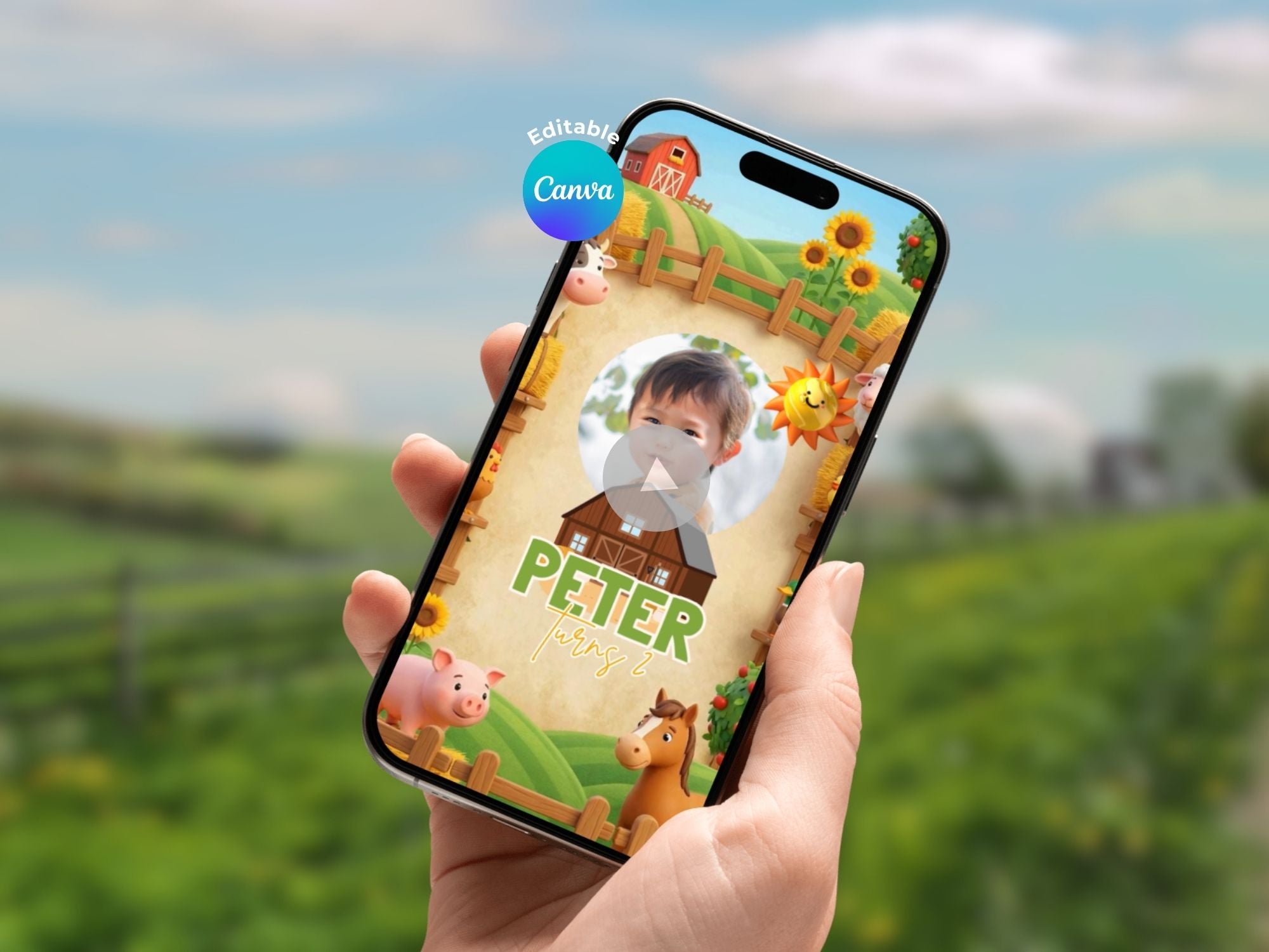 Farm Animals Birthday Video Invitation – Editable Canva Template – Share video mp4 – Instant Download