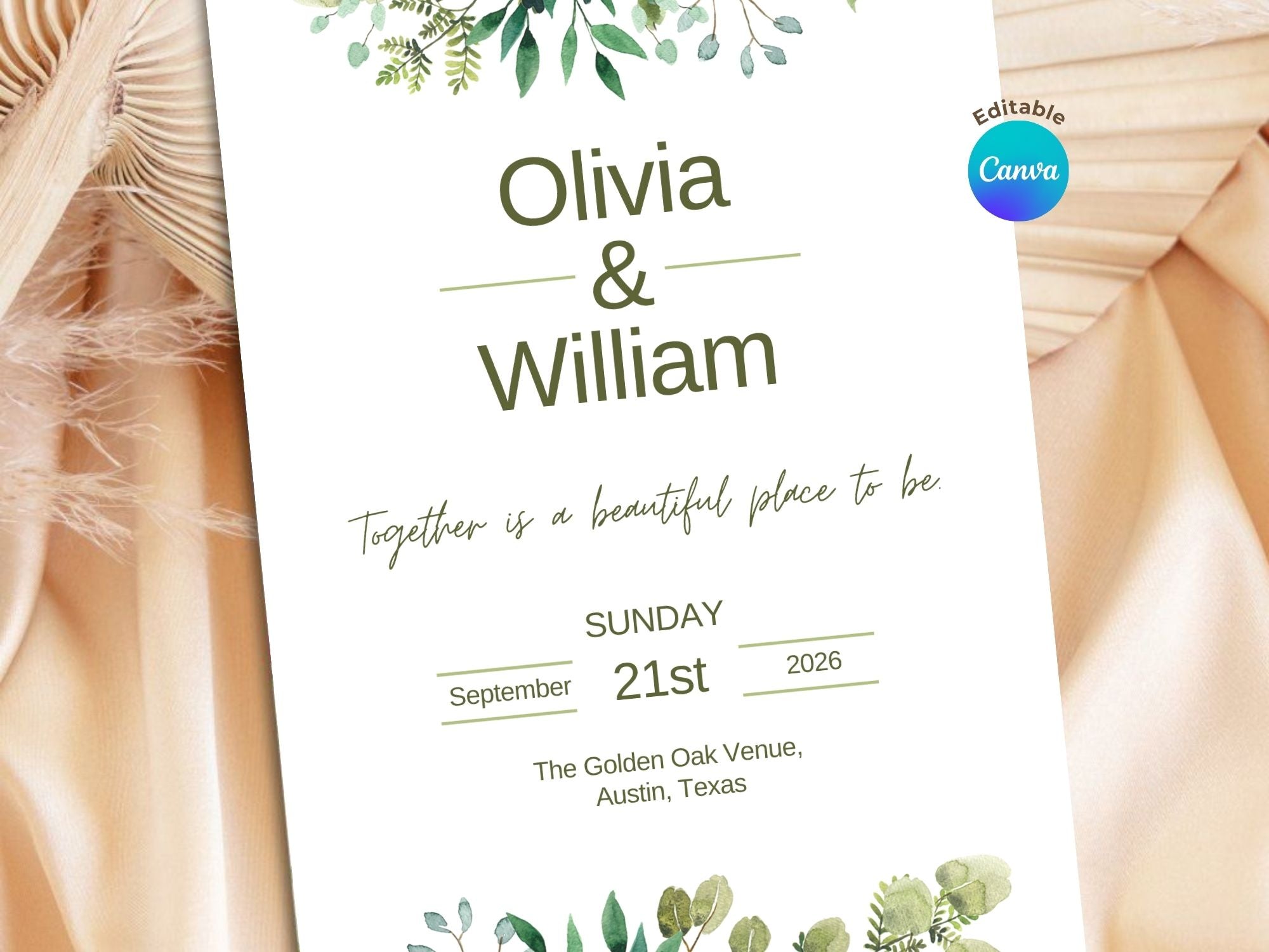 Timeless Bloom Wedding Invitation – Editable Canva Template – Share or Printable 5x7 – Instant Download