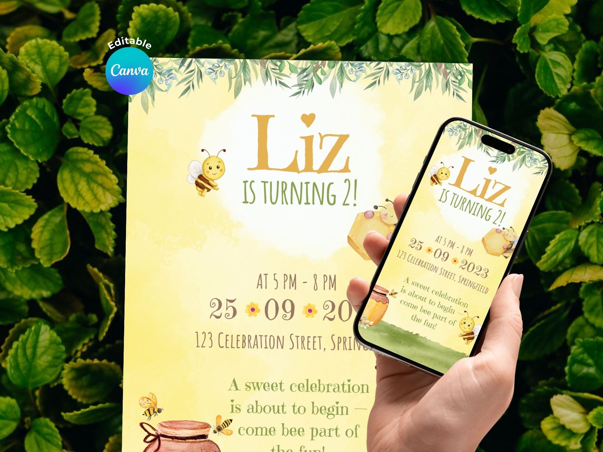 Honey Bee Floral Invitation – Editable Canva Template – Share or Printable 5x7 – Instant Download