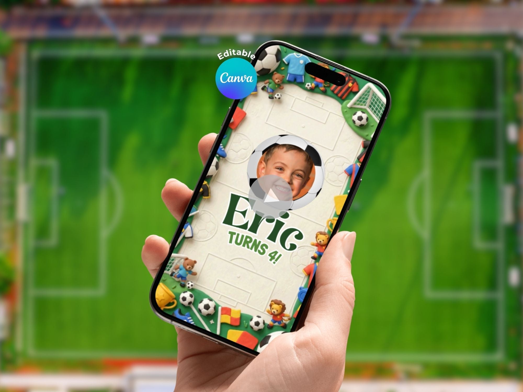 Soccer Field Birthday Video Invitation – Editable Canva Template – Share video mp4 – Instant Download