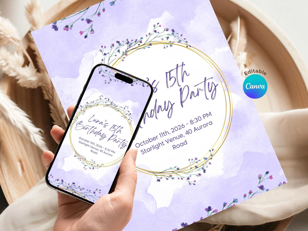 Pastel flower 15th invite – Watercolor Plane Theme – Editable Canva Template – Share or Printable 5x7 – Instant Download